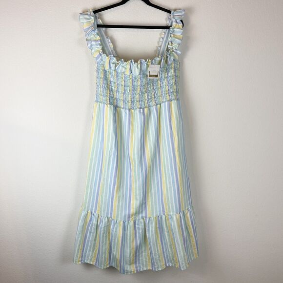 Dondolo Sam Linen Blend Dress Womens XXL Striped Smocked Ruffle Boho Peasant NEW - Picture 1 of 15